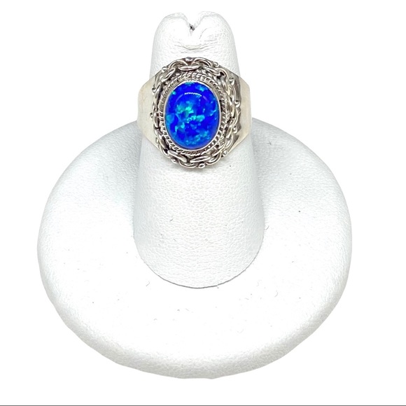 Jewelry - Blue Fire Opal Solid Sterling Silver 925 Ring Oval Cabochon Stone Sz 6.5